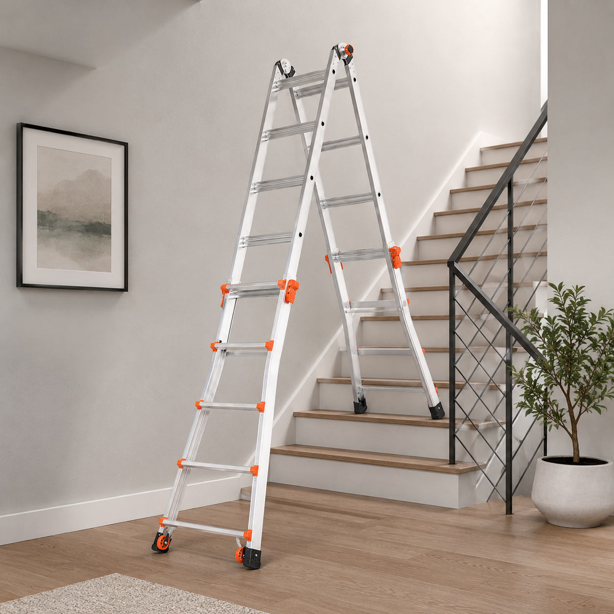 Ladder positioned safely on stairs in staircase configuration