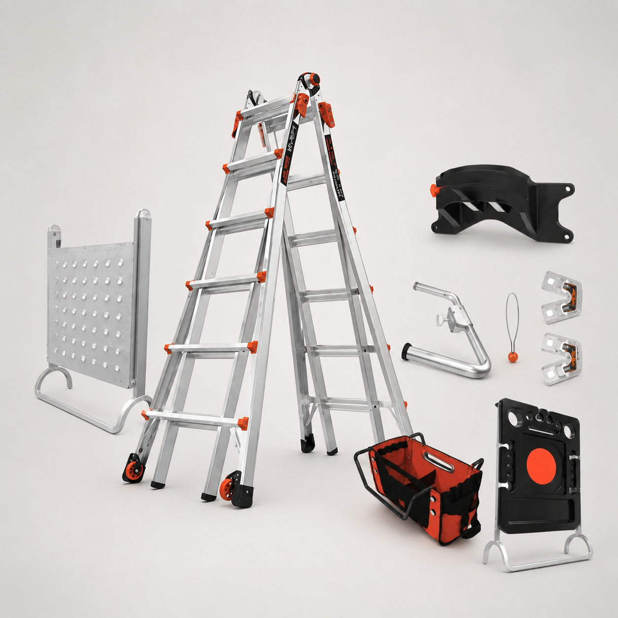 Multi-position ladder shown with the included work platform, cargo hold, wall standoff and trestle accessories