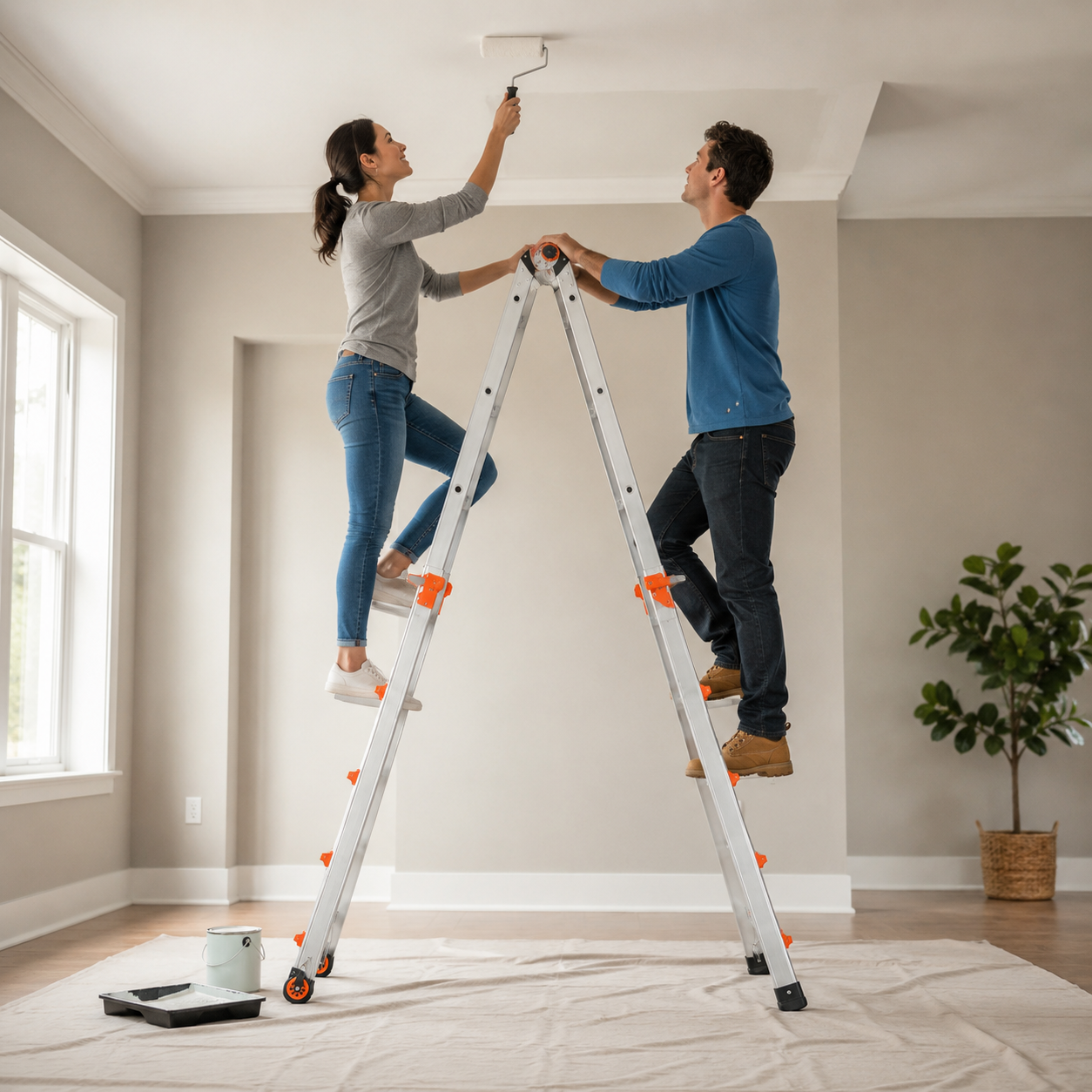Two workers using both sides of the ladder in A-frame position